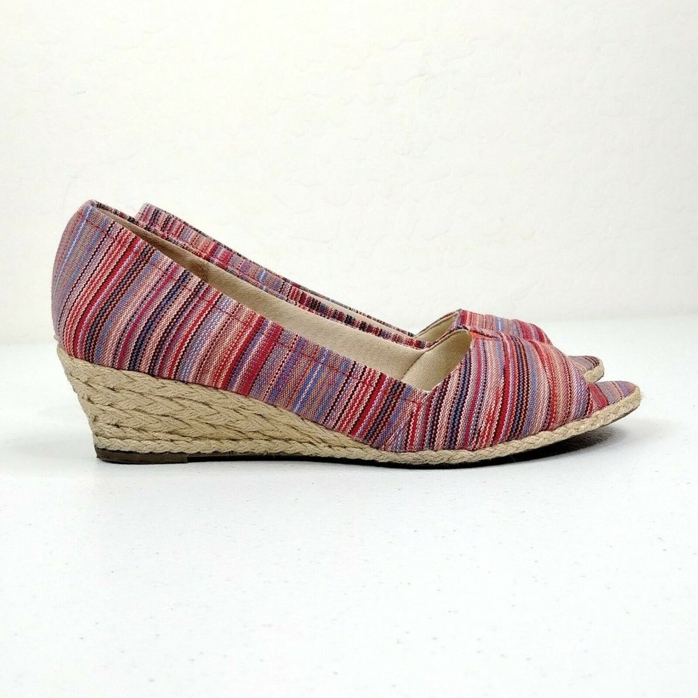 Coach And Four Lucine Stripe Peep Toe Espadrille Wedge Shoes Women's Size 9